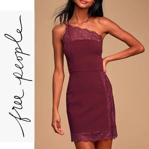 NWT FREE PEOPLE Premonitions Bodycon One-Shoulder Mini Lace Burgundy Dress S